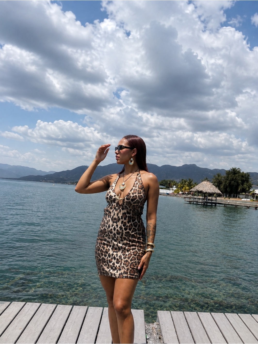 Leopard Print Halter Mini Swim Cover-Up Dress - Brown